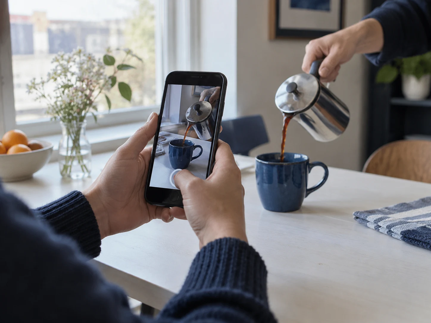 Hands filming a coffee pour with a phone beside a bright window